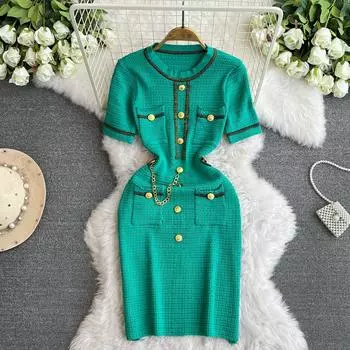 Летние женские винтажные вязаные свитера с карманами и короткими рукавами, мини-платья One Size абрикосовый