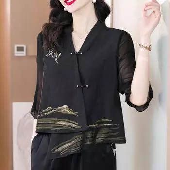 Летние женские винтажные вышитые асимметричные блузки весна-лето элегантные рубашки XXXXXL чёрный