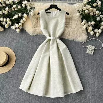 Летние женские винтажные жаккардовые платья без рукавов с цветочным принтом и поясом S