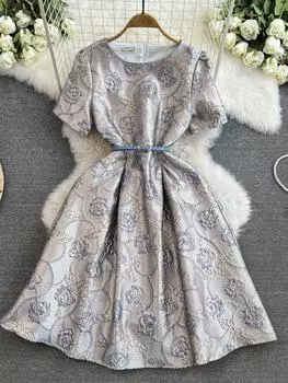 Летние женские винтажные жаккардовые вечерние платья с короткими рукавами и поясом