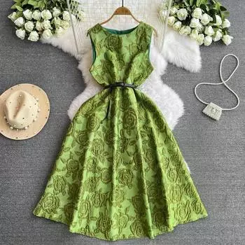Летние женские винтажные жаккардовые вечерние платья с цветочным принтом, зеленое платье-майка без рукавов с поясом