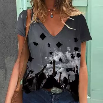 Летние женские выпускные вечеринки тематические 3D принтованные свободные футболки с V-образным вырезом женские S