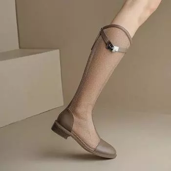 Летние женские высокие сапоги Высокие сапоги Женские сетчатые дышащие высокие сапоги Низкий каблук Повседневные кроссовки Кожаные туфли женские Длинные туфли botas 35 белый