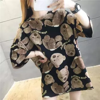 Летние женские забавные мультяшные футболки с принтом медведя, большие графические футболки, розовые топы y2k, модная футболка в стиле Харадзюку, уличная одежда унисекс one size