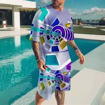 Летний 3D-принт с геометрическим рисунком, повседневный спортивный костюм для походов, мужской костюм, футболка с короткими рукавами + уличные шорты, комплект из двух предметов S