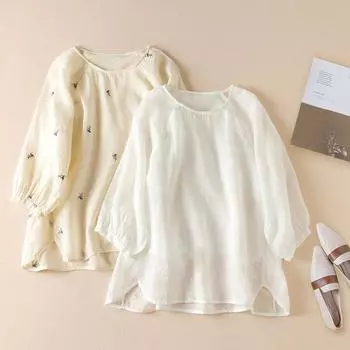 Летний 7-дюймовый рукав из чистого хлопка, вышитый свободный повседневный свитер из хлопка и льна, блузки и рубашки L абрикосовый