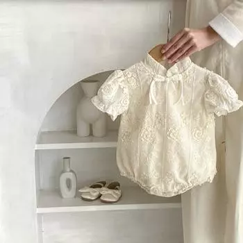 Летний элегантный комбинезон с вышивкой для маленьких девочек, боди с короткими рукавами и цветочным принтом, мягкий комбинезон для девочек-малышей bafanou 22371 66cm(3-6M) бежевый