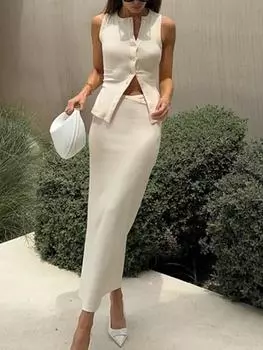 Летний элегантный вязаный однотонный комплект из 2 предметов, женский сексуальный жилет, топы + шикарная длинная юбка с запахом, модные тонкие однобортные офисные женские костюмы S синий