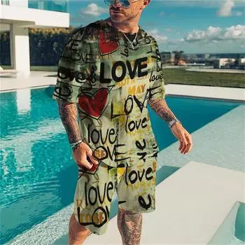 Летний элитный модный брендовый повседневный спортивный 3D топ большого размера с буквенным элементом индивидуальная одежда футболка шорты пляжный мужской костюм S