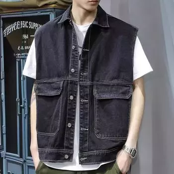 Летний американский джинсовый жилет Tooling, мужской свободный жилет большого размера без рукавов, жилет для весны и осени, красивая куртка с большим карманом M синий