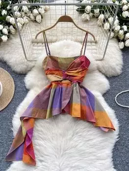 Летний американский ретро пляжный жилет для отдыха женщин слинг тонкий шикарный цветной клетчатый топ женский уличная одежда с оборками по краю новый One Size красный