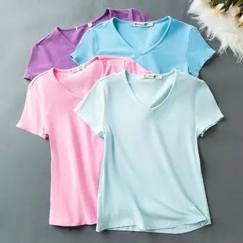 Летний экспорт Новое поступление Однотонный Универсальный Модный Простой Удобный Свободный и Тонкий Футболка с V-образным вырезом и коротким рукавом Blue 36
