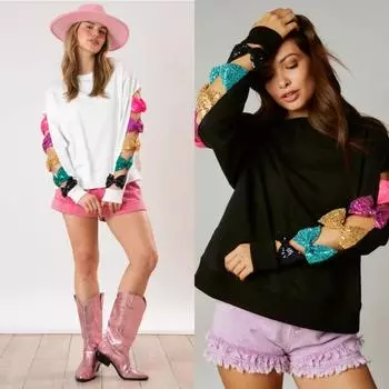 Летний бант с блестками баска топ с длинным рукавом толстовка женская L чёрный