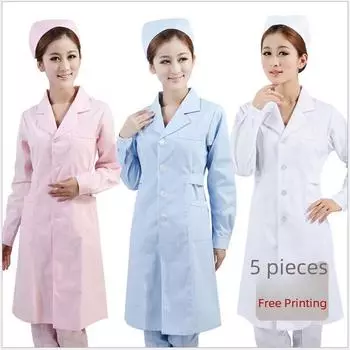 Летний белый халат унисекс для врачей и медсестер с синим или розовым воротником Small