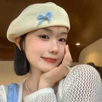 Летний берет из хлопка и льна с бантом для женщин, подчеркивающий маленькое и худое лицо, дышащая шляпа-облако, универсальная шляпа Bud Painter M56-58cm молочный белый