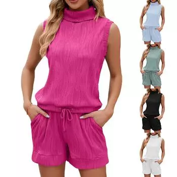 Летний бесшовный жилет с высоким воротником и карманами на шнурке, женская майка и костюм с шортами