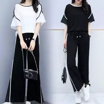 Летний большой женский костюм, футболка с короткими рукавами, широкие брюки, повседневный костюм из двух частей, свободные спортивные брюки, комплект XXXXL белый