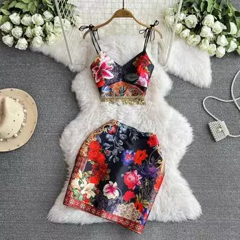 Летний брендовый дизайнерский принт с цветочным принтом, комплект из 2 предметов, женский укороченный топ на бретельках с кисточками, бюстгальтер + мини-короткая юбка, праздничный комплект S чёрный
