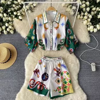 Летний брендовый дизайнерский винтажный принт с подиумными брюками, женские топы с лацканами, рубашка + элегантные шорты, комплект из двух предметов S