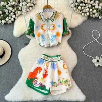 Летний брендовый дизайнерский винтажный принт со змеиным подиумом, брюки, женская роскошная рубашка с бисером + эластичные шорты, комплект из двух предметов S