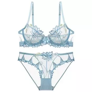 Летний бюстгальтер с вышивкой вишни, большой размер, прозрачное сетчатое нижнее белье, ультратонкий сексуальный женский комплект с бюстгальтером 75C чёрный