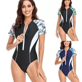 Летний цельный купальник на молнии с принтом, закрытый купальник с короткими рукавами, спортивный женский купальный костюм для серфинга, пляжный купальный костюм S чёрный/белый