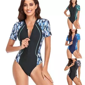 Летний цельный купальник на молнии с принтом, закрытый купальник с короткими рукавами, спортивный женский купальный костюм для серфинга, пляжный купальный костюм S чёрный/синий