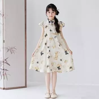 Летний чонсам для девочек: Современное платье на пуговицах для учеников начальной школы, костюм Тан, вдохновленный западным стилем 120 абрикосовый