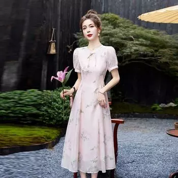 Летний цветочный чеонгсам 2024 года: Шикарное облегающее платье с короткими рукавами для молодых девушек Medium