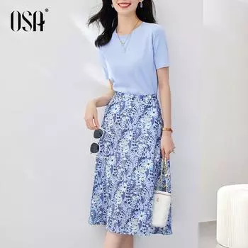 Летний цветочный комплект из двух частей длиной до середины икры Blue B (overskirt back waist with rubber band) XL