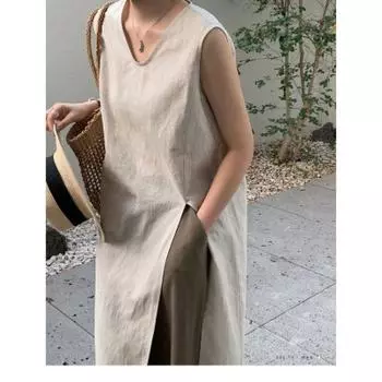Летний день Новое платье из хлопка и льна без рукавов, простая юбка-жилет с V-образным вырезом, узкая юбка до колена в иностранном стиле S чёрный