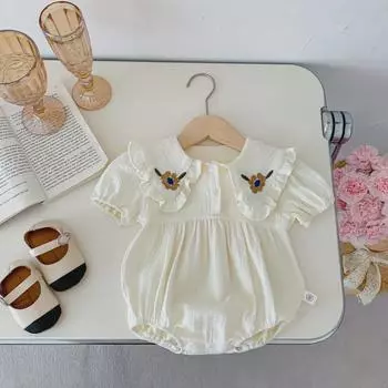 Летний детский хлопковый вышитый комбинезон: Короткий рукав, кукольный воротник, милый треугольный дизайн для девочек 90 cm