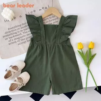 Летний детский комбинезон Bear Leader из чистого хлопка, однотонная одежда с летными рукавами, повседневная одежда для девочек AZ4409 5Y