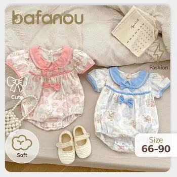 Летний детский комбинезон из хлопка с бантом для новорожденных, короткий рукав, детская одежда с рисунком из мультфильмов для девочек, bafanou 22265 73cm(6-12M) розовый