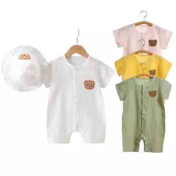 Летний детский комбинезон, муслиновый комбинезон с короткими рукавами для девочек и мальчиков, цельная одежда с милым медведем, летние тонкие боди для новорожденных 66 (3-6M) белый