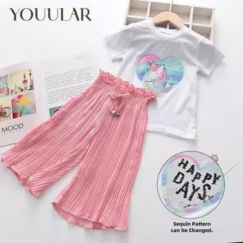 Летний детский комплект из двух предметов, расшитая единорогом футболка с короткими рукавами и однотонными широкими штанами, летний костюм для девочек 3T розовый