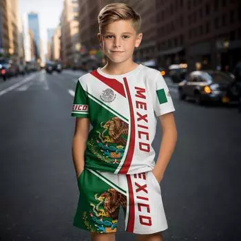 Летний детский комплект одежды с принтом в виде мексиканского Дня независимости, шорты для мальчиков + футболка с короткими рукавами, повседневная одежда 2024 г. 100