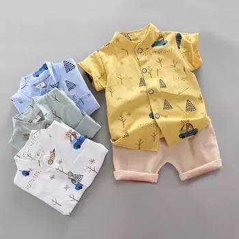 Летний детский комплект одежды, тонкий комплект из двух предметов: рубашка с короткими рукавами и однотонные шорты с рисунком из мультфильма 80/S