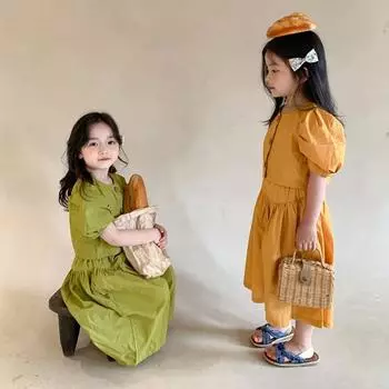 Летний детский костюм для девочек, короткая однобортная рубашка + широкие брюки, комплект одежды из двух предметов для детей, повседневный 9