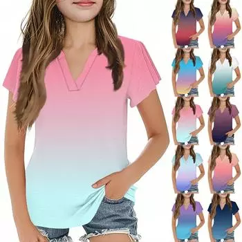 Летний детский милый и повседневный модный топ для девочек с короткими рукавами и V-образным вырезом 110 бежевый