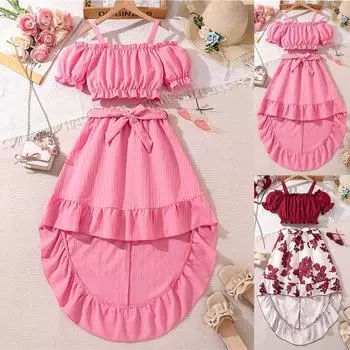 Летний детский однотонный топ с коротким рукавом и оборками, юбка для девочек среднего и большого размера, милый повседневный костюм 130 розовый