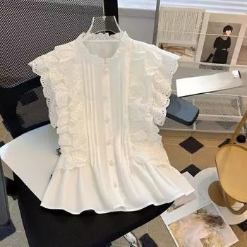Летний дизайн потрясающий, красивая белая рубашка, женская омолаживающая рубашка, кружевная рубашка Niche, утягивающая талию, темперамент 2XL белый