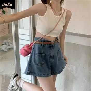 Летний дизайн Sense Tooling Широкие штанины Большие размеры джинсовые шорты женские Высокая талия свободные все подходит для похудения S чёрный