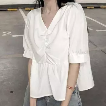 Летний дизайн, топ с рукавами-фонариками, V-образный вырез, белая свободная повседневная рубашка с короткими рукавами для женщин, блузки и рубашки S белый