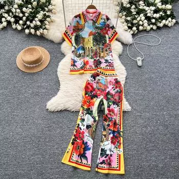 Летний дизайнерский комплект из двух предметов с винтажным принтом для женщин, свободная рубашка с рукавами «летучая мышь» и брюки длиной до щиколотки, офисные женские наряды S