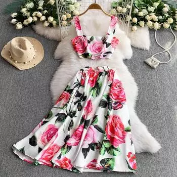 Летний дизайнерский комплект из двух предметов с принтом роз на подиуме, женский топ на тонких бретельках и длинная юбка миди, праздничный пляжный костюм S розовый