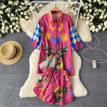 Летний дизайнерский винтажный принт с подиумными брюками, женские топы с лацканами, рубашка + шорты на шнурке, комплект из двух предметов S