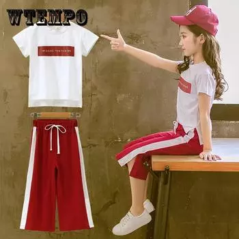 Летний дышащий тонкий костюм с короткими рукавами для девочек, детские свободные укороченные брюки, повседневная танцевальная одежда, удобный и простой костюм из двух частей 160