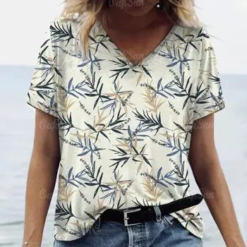 Летний дышащий женский топ с 3D-цветочным принтом и V-образным вырезом, домашняя футболка в стиле ретро с коротким рукавом, женский топ с бамбуковым узором S