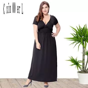 Летний европейский стиль плюс размер 5xl женские платья макси с v-образным вырезом сексуальное черное платье XL чёрный